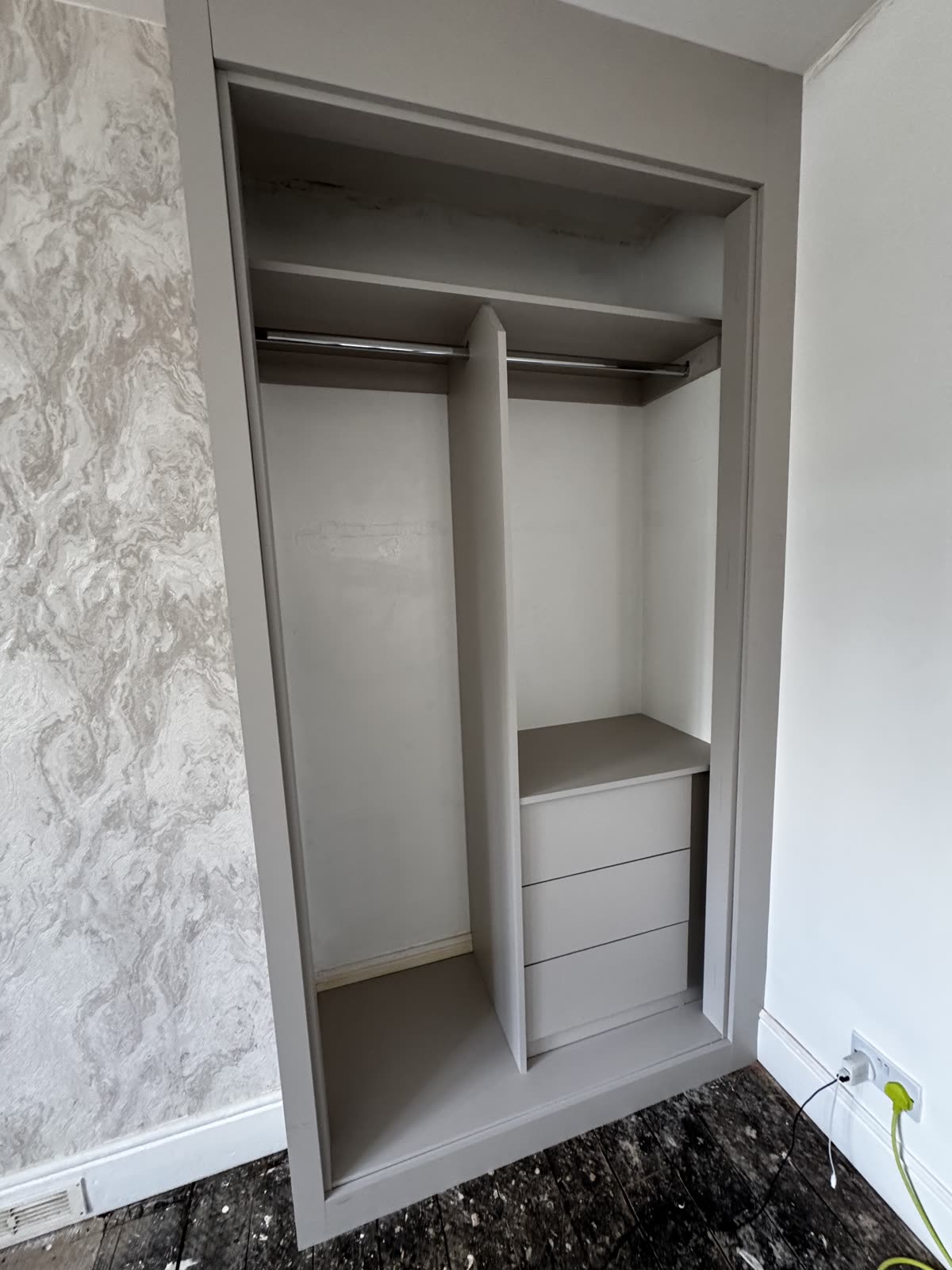 Inside the second alcove wardrobe: hanging rails over an internal three-drawer chest, Kidderminster