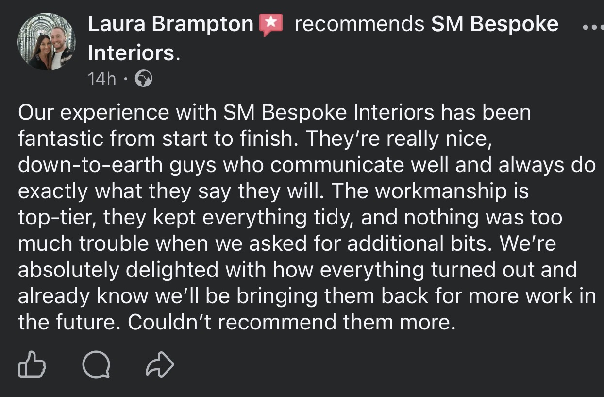 Facebook review from Laura Brampton — 5-star recommendation for SM Bespoke Interiors