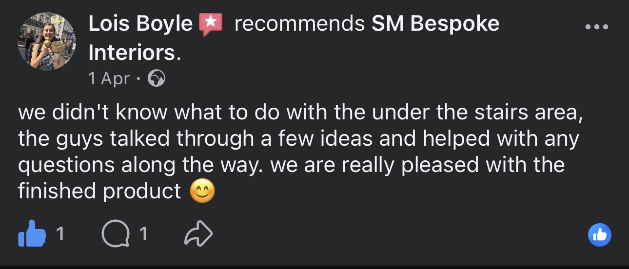Facebook review from Lois Boyle — 5-star recommendation for SM Bespoke Interiors