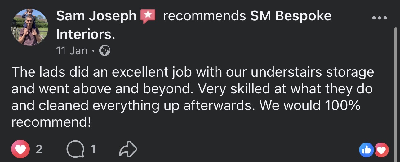 Facebook review from Sam Joseph — 5-star recommendation for SM Bespoke Interiors