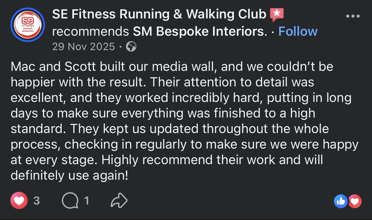 Facebook review from SE Fitness Running & Walking Club — 5-star recommendation for SM Bespoke Interiors
