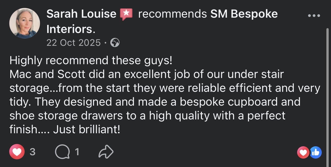 Facebook review from Sarah Louise — 5-star recommendation for SM Bespoke Interiors